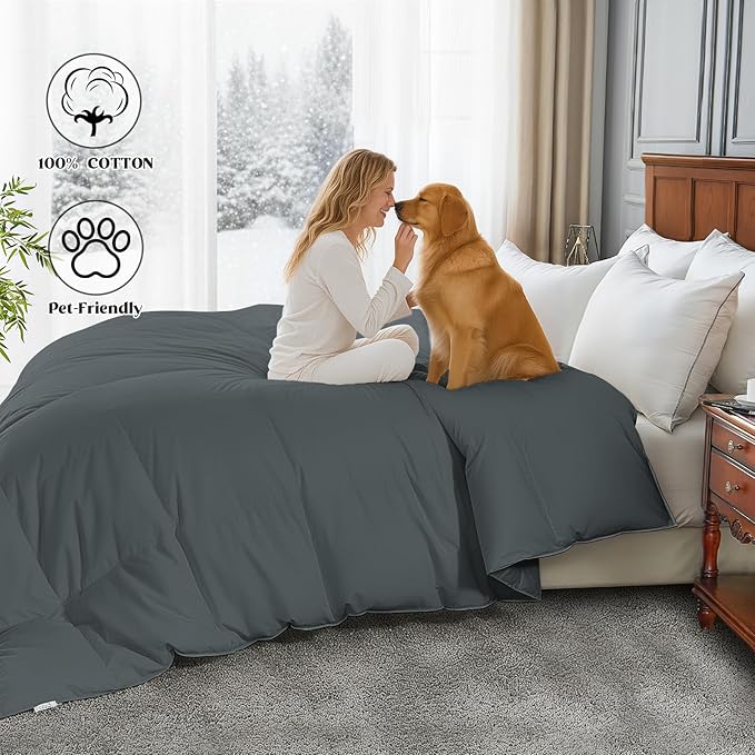 Goose Feather Comforter California King Size, 100% Cotton Duvet Insert All Season Grey Bed Comforters Quilted with 8 Loops Hotel Luxury Fluffy Duvet Insert, 104 x 96 Inch, Machine Washable