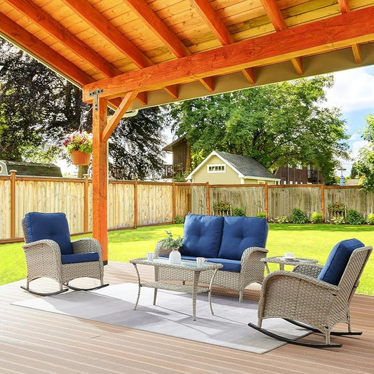 Belord Wicker Conversation Sets Patio Furniture 5 PCS Outdoor Rocking Chairs with Rattan Loveseat, Wicker Table and Chairs Set for Patio Deck Poolside Blue Cushion