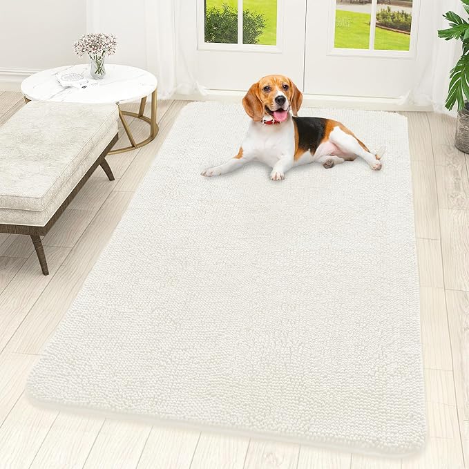 OLANLY Dog Door Mat for Muddy Paws 59x32, Absorbs Moisture and Dirt, Absorbent Non-Slip Washable Doormat, Quick Dry Chenille Mud Mat for Dogs, Entry Indoor Entryway Carpet for Inside Floor, Ivory by OLANLY