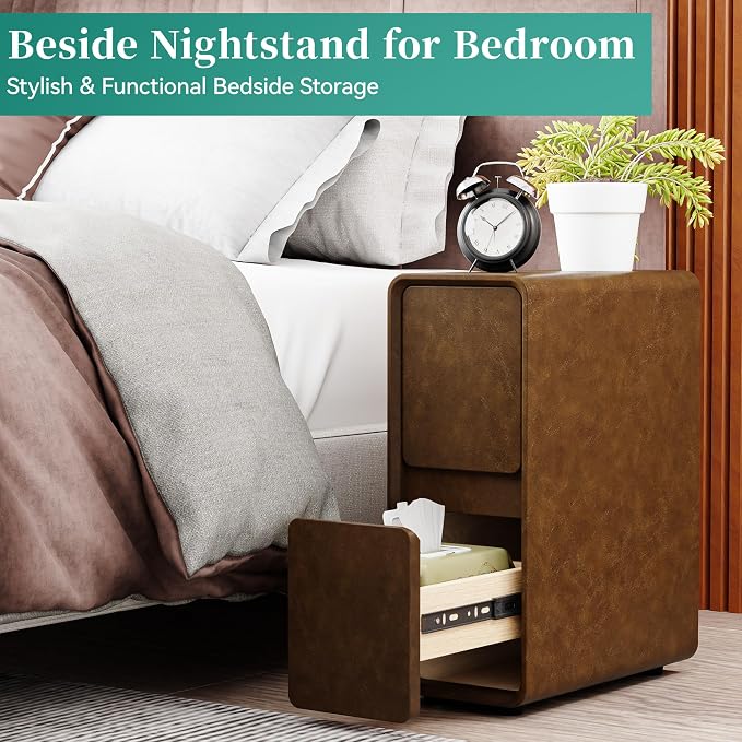7.8" W Faux Leather Narrow Nightstand, Modern Fully-Assembled Bedside Table with 2 Drawers, Wood Night Stand Small Accent End Table & Side Table for Bedroom, Brown - Image 5