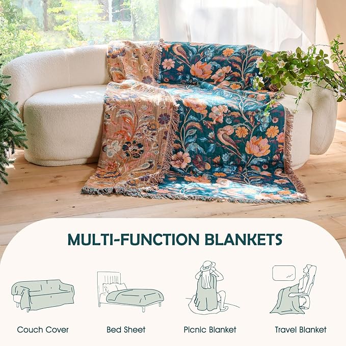 Boho Throw Blanket - 100% Cotton Ultra Soft Muslin Blanket, 50"x60" Lightweight Floral Bird Framhouse Bedding Spring Blanket for Bed, All Season Green Bohemian Bedroom Home Decor Quilt