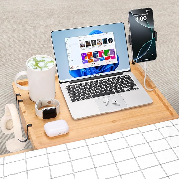 Bedside Shelf for Dorm Bed & Top Bunk, Bamboo Bed Side Table Tray with Cup Phone Holder & Hooks, Bedside Caddy, Clip on Nightstand Bedside Storage College Dorm Room Essentials (Bamboo) by Fivebop
