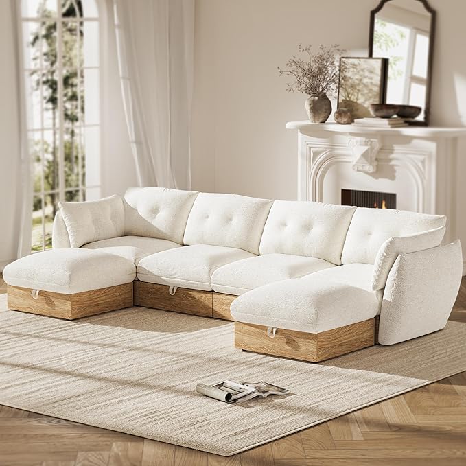 134" U Shaped Cloud Couch Sectional Modular Sofa with Storage, Cotton and Linen Fabrics Modern Oversized Deep Seat Sofa with Armrest Pillow, Easy Assembly for Living Room, Apartment, Ivory