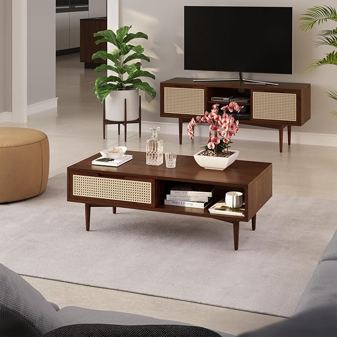 Bme Oliver Mid Century Coffee Table with Drawers and Open Storage – Solid Wood Accent Table with Rattan Detail and Adjustable Legs – Walnut