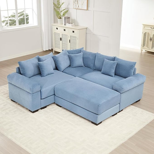 KEIKI 79" L-Shaped Oversized Corduroy Modular Cloud Sectional Sofa with 1 Ottoman, High-Density Foam Cushion, Extra-Thick Armrest, 3-Seater Fluffy Corner Couch with 10 Pillow, for Living Room, Blue
