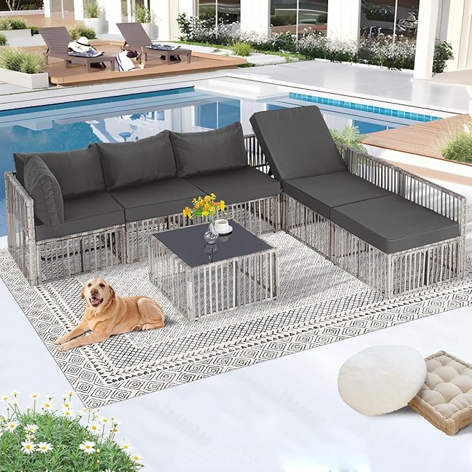 FHFO 7 Pieces Outdoor Patio Furniture Set, Wicker Outdoor Sectional Conversation Couch Set with Adjustable Backrest Sofa, Thick Cushion & Coffee Table for Garden, Porch, Poolside, Grey/Grey