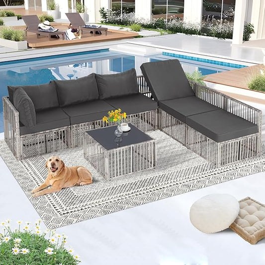 FHFO 7 Pieces Outdoor Patio Furniture Set, Wicker Outdoor Sectional Conversation Couch Set with Adjustable Backrest Sofa, Thick Cushion & Coffee Table for Garden, Porch, Poolside, Grey/Grey
