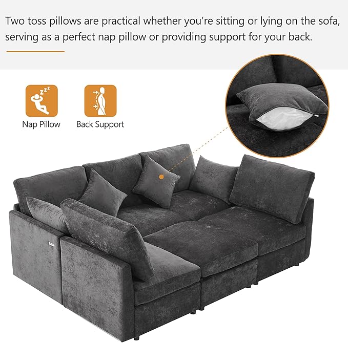 6 Seater Reversible Modular Sectional Sofa Convertible Sleeper Couch Bed , Free Combination Chenille Upholstered Corner Sofa&Couches with USB Ports and Detachable Cushions for Living Room Furniture