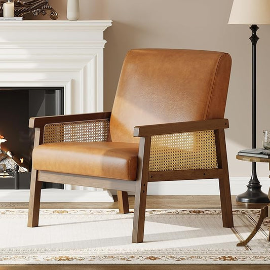 IDEALHOUSE Rattan Accent Chair, PU Leather Armchair, Upholstered Reading Chair with Wooden Frame and High Back, Leisure Chairs for Living Room Bedroom Waiting Room Reception, Brown