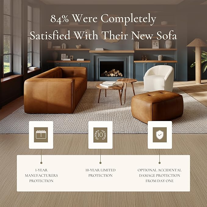 Poly & BARK Capa 92" Sofa – Saddle Tan Full-Grain Pure-Aniline Italian Leather, Boxy Modern Design, Feather-Fiber Cushions, Solid Wood Frame