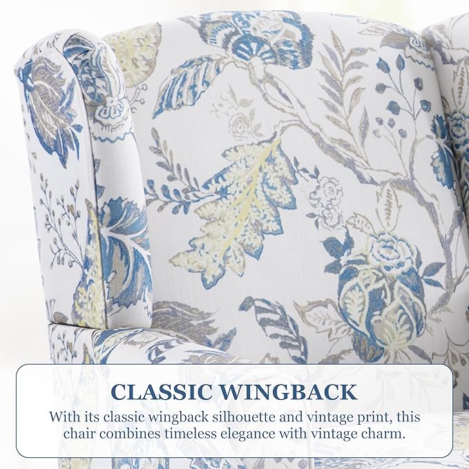 HUIMO Printed Wingback Accent Chair, Linen Upholstered High Back Armchair, Comfy Reading Chair for Living Room Bedroom Study, 300lbs Weight Capacity (1, Blue Floral)