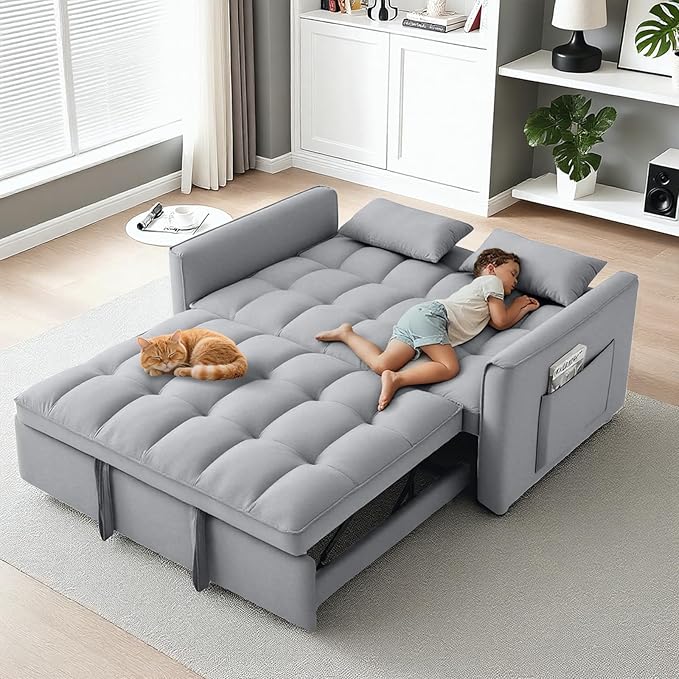 3-in-1 Sofa Bed, 52.75" Pull-Out Sleeper Sofa Bed with 3-Level Adjustable Backrest, Velvet Fabric Loveseat Sleeper Couch for Living Room & Bedroom & Apartment & Dorm Furniture, Light Grey