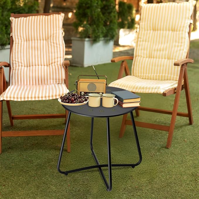 danpinera Outdoor Side Tables with Flower Cut Outs, Weather Resistant Steel Patio Side Table, Small Round Outdoor End Table Metal Side Table for Patio Yard Balcony Garden Black - Image 2