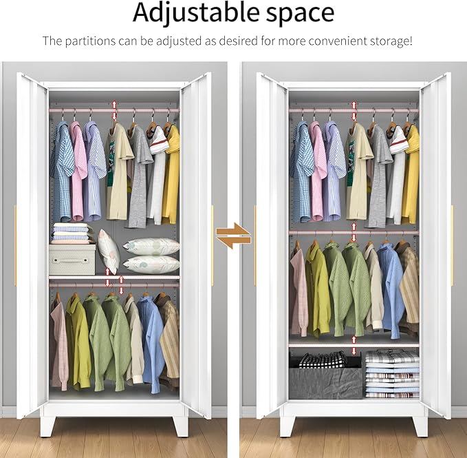 75.3" Tall Metal Armoire Wardrobe Closet with Mirror Doors, 2 Adjustable Hanging Rods & Adjustable Shelf, Freestanding Storage Cabinet Organizer for Bedroom, Office, Laundry Room, White