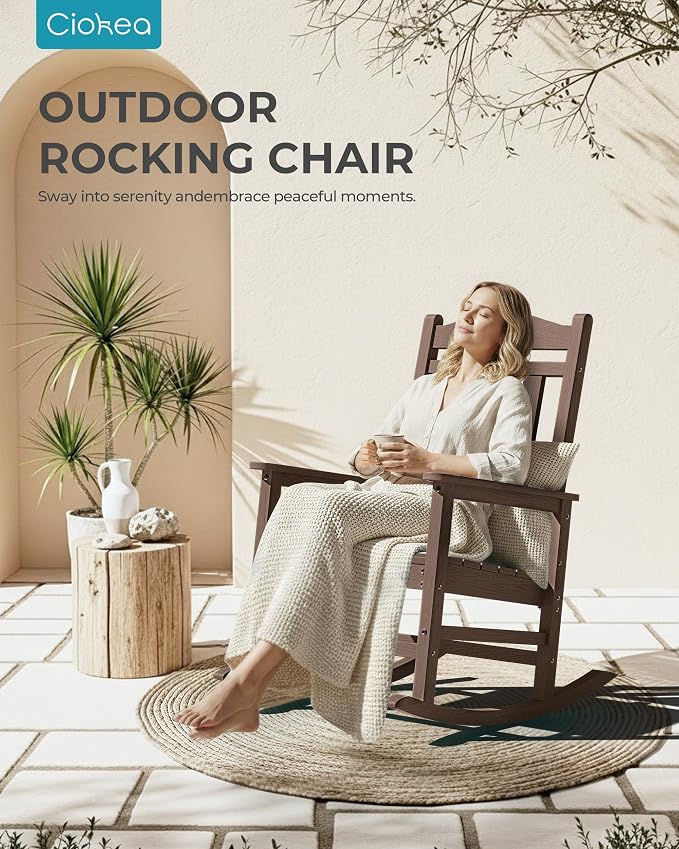 Ciokea Oversized Outdoor Rocking Chairs Set of 2, 380lbs Heavy-Duty Large Patio Rocker, High Back Cozy Porch Chairs, Weather Resistant Patio Rocking Chairs for Outside, Fire Pit, Deck, Brown - Image 8