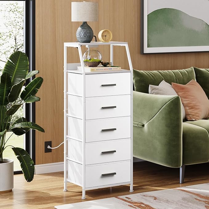 Nightstand 5 Drawer Dresser with Charging Station, Side Table with Fabric Drawers, End Table with Open Shelf, Tall Dresser for Bedroom, Hallway, Entryway - Image 2