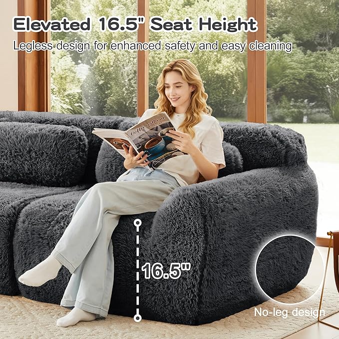 80.4-Inch Boneless Love Seat Couches in a Box, Modern 2 Seat Floor Modular Foam Cloud Sofa Faux Fur Loveseat Couch W/Angle Armrests for Home Apartments Bedroom
