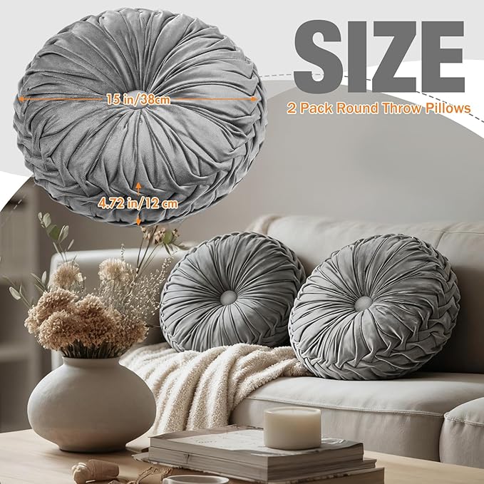 Beeveer 2 Pcs Round Throw Pillows 15 Inch Decorative Velvet Pleated Pumpkin Pillows Boho Floor Pillow with Center Button for Living Room Couch Chair Bed Sofa Home Decoration (Gray)