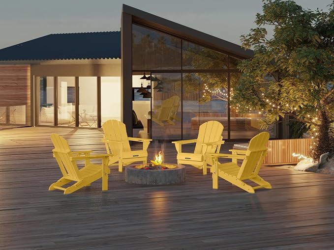 MUCHENGHY Folding Adirondack Chairs, Patio Chairs, Lawn Chairs, Outdoor Chair, Adirondack Chair Plastic, Fire Pit, Weather Resistant with Cup Holder for Deck, Backyard, Garden(Olive Yellow) - Image 2