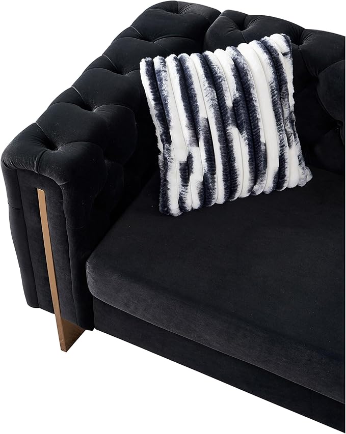KEIKI 84" Chesterfield Velvet Tufted Button Sofa with Removable Cushions and 2 Toss Pillows, Modern 3-Seater Couch with 4 Gold Metal Legs, Easy Assembly, for Living Room, Bedroom, Apartment, Black