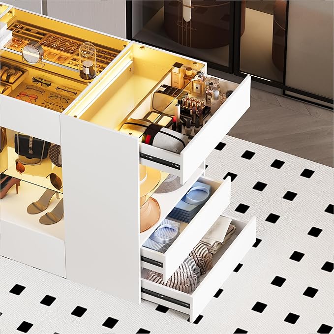 Kikihouse Modern Closet Island with 10 Drawers, LED Wardrobe Armoire Island with Glass Top, Luxury Walk-in Closet Island Storage Cabinet with Display Shelf for Cloakroom (White+Amber Glass)