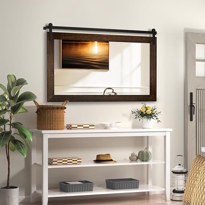 COGOOD Farmhouse Bathroom Mirror - 41" x 30" Rustic Barn Door Mirror for Living Room, Entryway, Bedroom, Vanity Wall Decor (Black Brown) - Image 3
