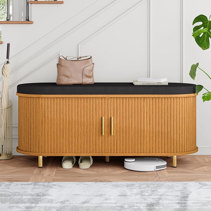 DHH 2-Tier Storage Bench,Wide Shoe Bench with Thickened Padded Seat Cushion, Mid Century Modern Fluted Sliding Door and Adjustable Shelf, for Entryway, Living Room, Bedroom (Yellow Walnut, 43.3“) - Image 7