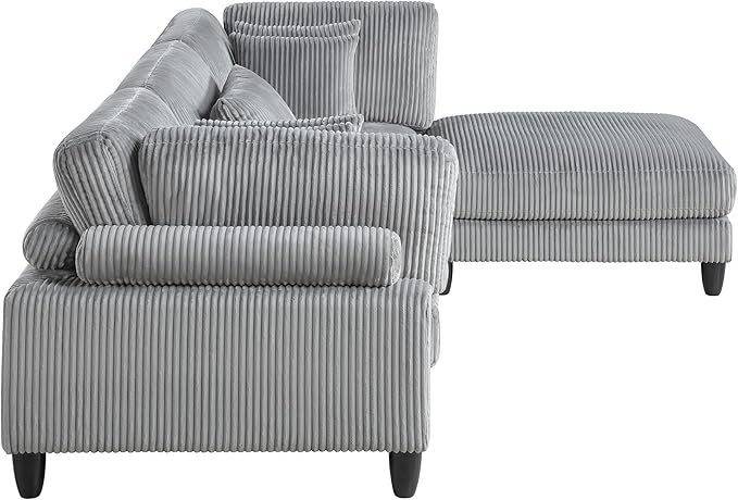 Lexicon 120 Inch Modular Sectional Sofa - Oversized 4 Seater Corduroy L Shaped Sectional Couch with Ottoman, 5 Accent Pillows, and Flexible Arrangement for Modern Living Rooms, Gray