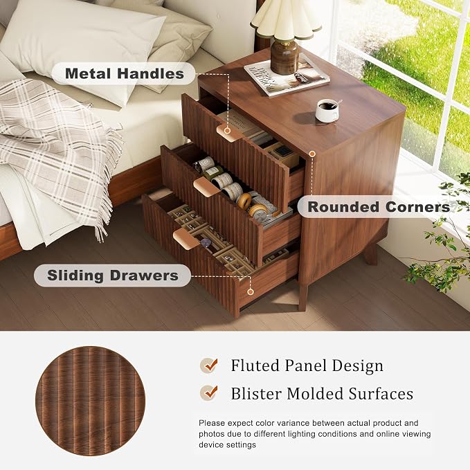 LYNCOHOME Fluted Nightstand with 3 Drawers, Modern Wood Chest of Bedside Table with Curved Profile, Fluted Dresser Organizer for Bedroom,Walnut - Image 4
