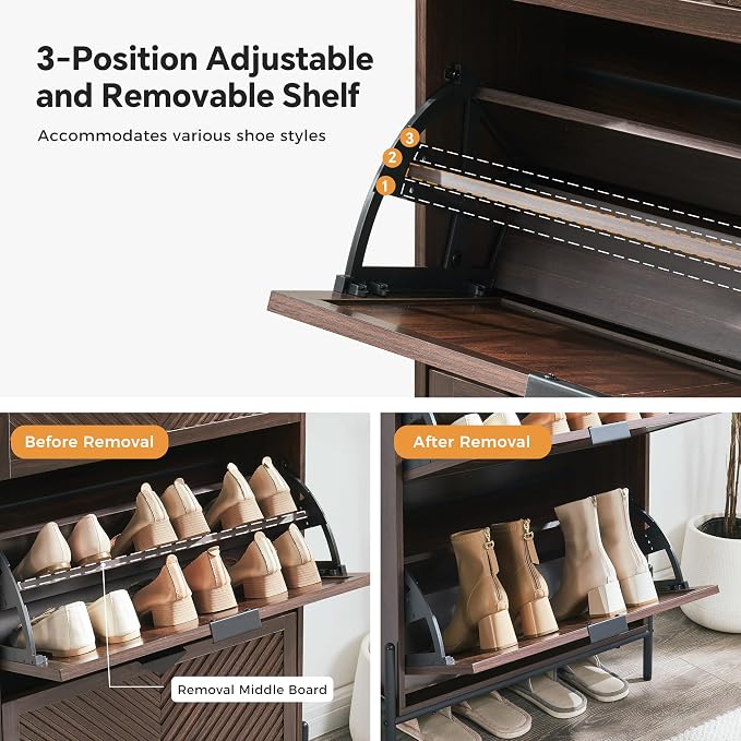 Shoe Cabinet Storage with 2 Flip Drawers, Narrow Hidden Shoes Organizer Cabinet for Entryway, Freestanding Slim Shoe Rack Front Door Entrance(Brown) - Image 4