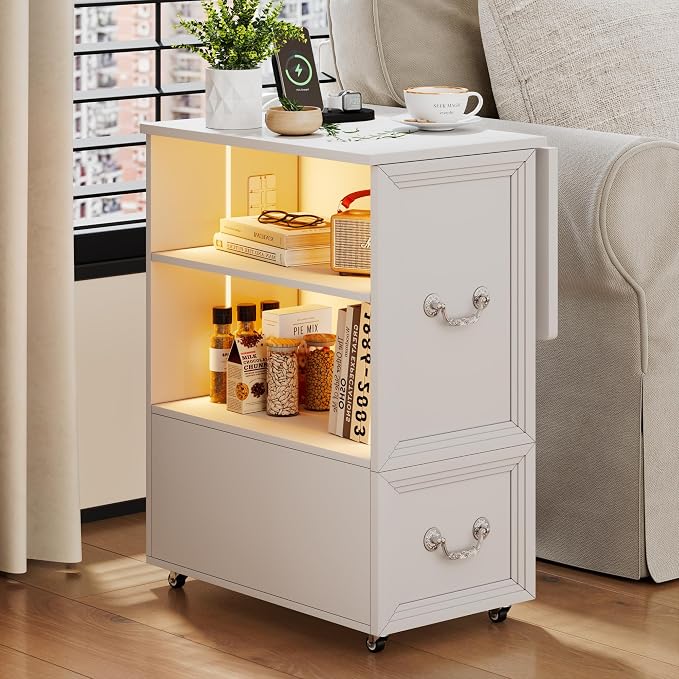 Lareth Side Table with Charging Station and Led Lights, Foldable Narrow End Table with Drawers and Bookshlef, Rolling Tall Nightstand for Small Space, Living Room (White-1pcs) - Image 7