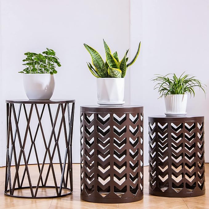 Y&M Set of 3 Round Heavy-Duty Side Table End Table, Coffee Table for Indoor Multifunctional Use, Outdoor Decorative Garden Stool Plant Stand-Pure Brown(Ship from US) by YM