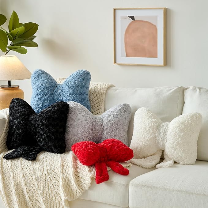Bow Pillow, Decorative Bow Pillows with Soft Plush for Couch Bed, Bow Shaped Throw Pillow Room Decor for Bedroom, Bow Decorative Pillow for Living Room (Black, Large-16 Inches)