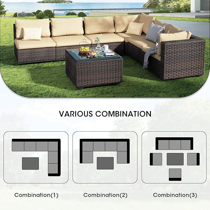 7 Pieces Patio Furniture Set, Rattan Outdoor Sectional Conversation Sets, All Weather Outdoor Furniture Set with Cushions for Garden Lawn Balcony Porch Deck Beige