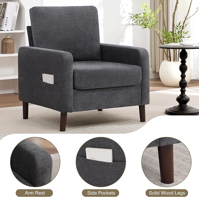 Accent Chair for Living Room, Modern Reading Chair for Bedroom, Upholstered Armchair with Wood Legs and Side Pockets, Single Sofa Side Chair for Office, Small Room, Apartment, Dark Grey
