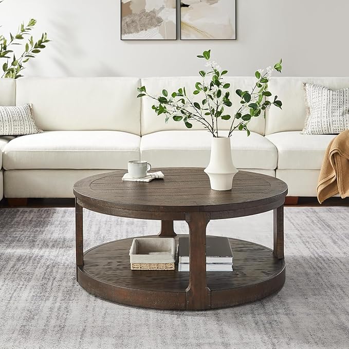 Coffee Table Round Wood 40" Modern Coffee Tables for Living Room Brown Circle Center 2-Tier Solid Desktop Accent with Shelf Storage Minimalistic Design Home Furniture Apartment Office Easy to Assemble