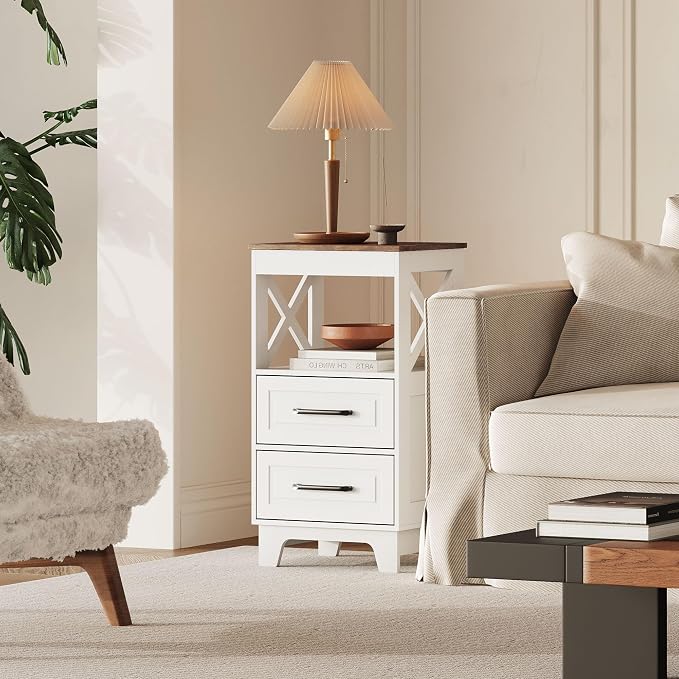 Tall Nightstand Set of 2 Side Table with 2 Drawers Modern Night Stand Wooden Rustic End Table Bedside Table with Below Open Shelf Solid Feet for Bedroom White+Walnut - Image 2