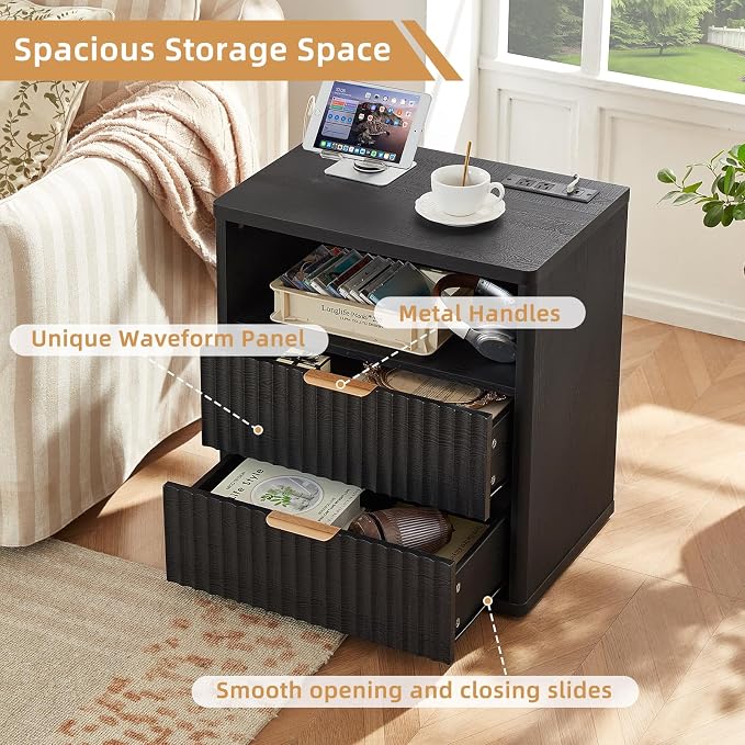 LEYAOYAO Fluted Nightstand with Charging Station, 23" Wide 2 Drawers End Table,Black Night Stand with Open Storage Cabinet, Modern Bed Side Tables, Wood Dresser for Bedroom, Living Room, Closet - Image 8
