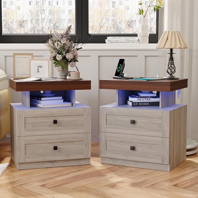 MHOM Farmhouse LED Nightstand Set of 2, Wood Bedroom Side Table with Charging Station, Rustic End Table with Drawers for Bedroom, Antique Oak by MHOM