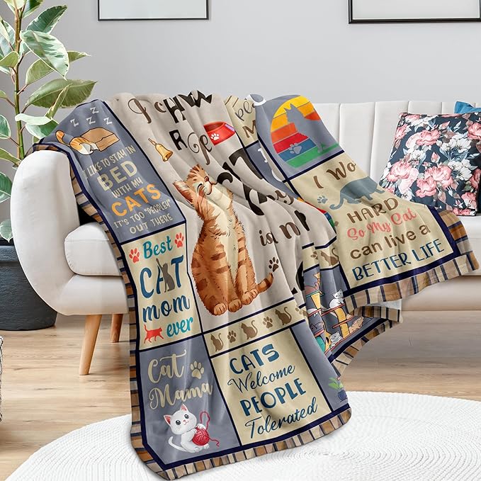 Cat Lover Gifts for Women, Cat Mom/Lady Gifts, Cats Presents for Women for Birthday, Blanket with Cats on It, Soft Throw Blanket 50"x60"