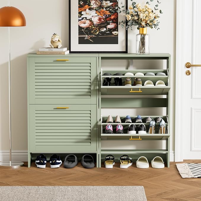 Shoe Cabinet Storage, Hidden Shoe Organizer, Modern Freestanding Organizer with 2 Flip Drawers Louvered Shoe Cabinet for Entryway (Green, 2 Drawers) - Image 3
