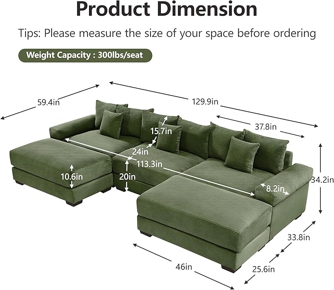 KEIKI 130" U-Shaped Oversized Corduroy Modular Cloud Sectional Sofa with 2 Ottoman, High-Density Foam Cushion, Extra-Thick Armrest, 3-Seater Fluffy Corner Couch with 9 Pillow, for Living Room, Green
