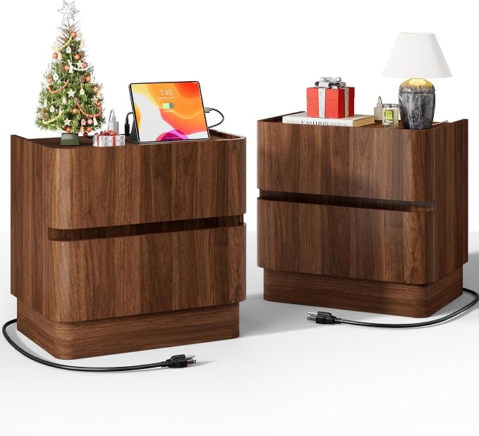 Night Stand Set 2, 23" Wide Nightstands Set of 2, Handleless 2 Drawer Nightstand with Charging Station, Walnut End Table w/Storage, Modern Wooden Bedside Table for Bedroom, Rounded Corners by FavourLife