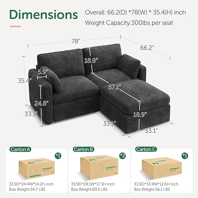 HONBAY Modular Sectional Couch with Storage Ottoman, Sectional Sofa with Storage Seats, L Shaped Sectional Couches for Living Room, Grey