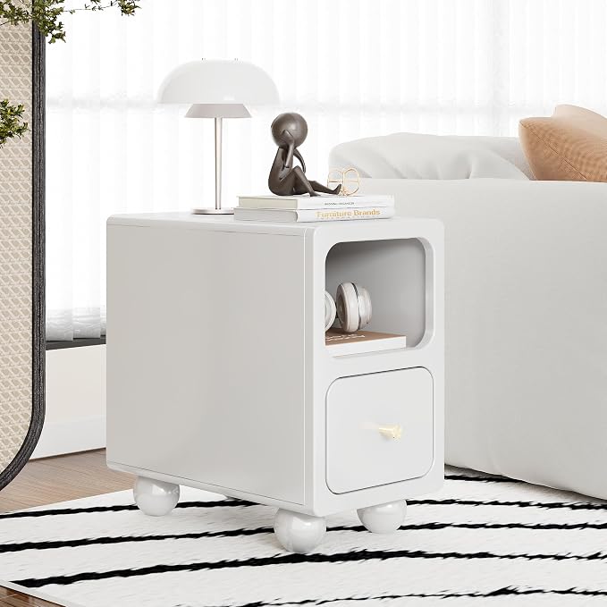 Solid Wood Night Stand, Narrow Nightstand with Drawers, White Mid Century Modern Nightstand, Small Beside Table with Open Storage Shelf for Bedroom (10 inch) - Image 6