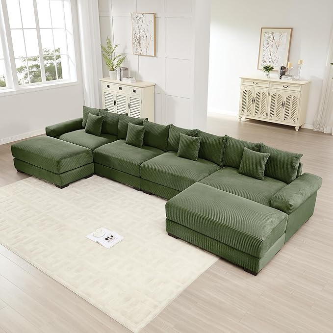 KEIKI 168" U-Shaped Oversized Corduroy Modular Cloud Sectional Sofa with 2 Ottoman, High-Density Foam Cushion, Extra-Thick Armrest, 4-Seater Fluffy Corner Couch with 12 Pillow, for Living Room, Green