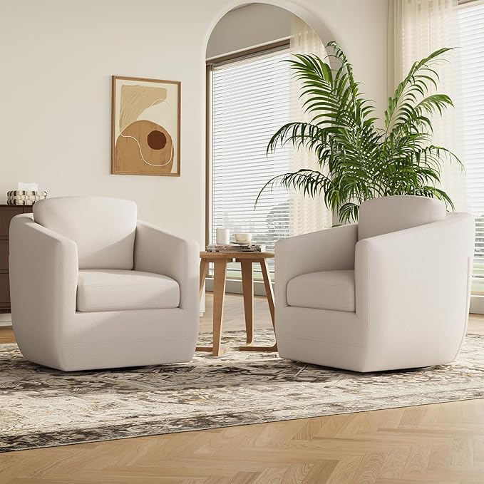 COLAMY 360° Swivel Accent Chair, Fully Assembled Living Room Armchair with Pillow, No-Sag Foam, Sturdy Metal Base, Swivel Accent Single Sofa for Bedroom Living Room, Reading Room, Beige