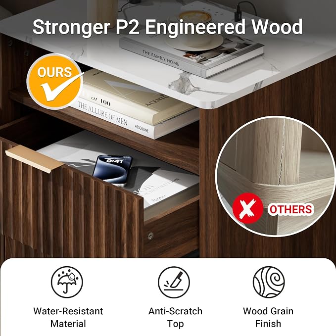 Fluted Nightstand, Night Stand Set 2, 23" Wide Walnut Nightstands Set of 2 with Charging Station & Faux Marble Top, 2 Drawer Large Wooden End Table, Bedside Table for Bedroom,Curved Corners - Image 4
