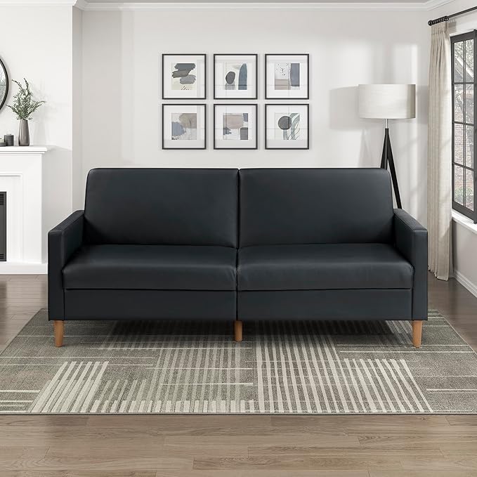 Lexicon 79"W Convertible Futon Sofa Bed, Loveseat, Faux Leather Upholstered Couch Sleeper, Adjustable Backrests, Padded Pocket Coil, Solid Wood Legs for Living Room, Bedroom, Apartment, Office, Black
