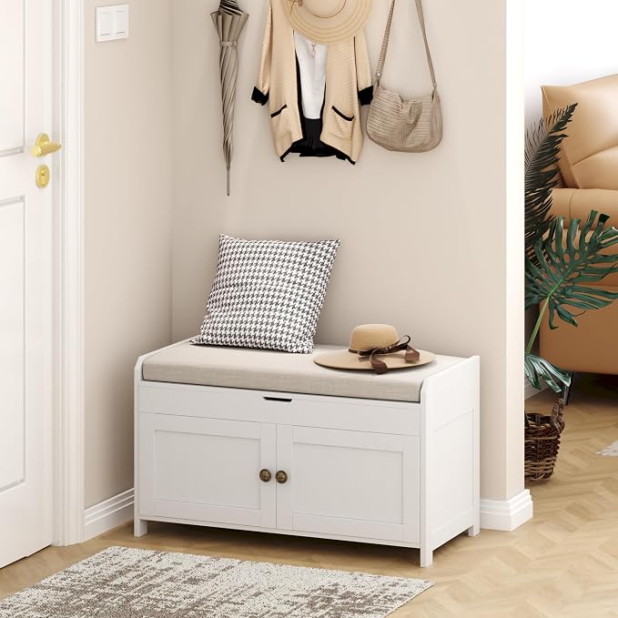 HOMEFORT 30" Shoe Bench with Lift Top Storage, Entryway Bench with Cushioned Seat, Wooden End of Bed Bench, Shoe Cabinet Bench with Hidden Storage Space, for Bedroom, Hallway,White - Image 8
